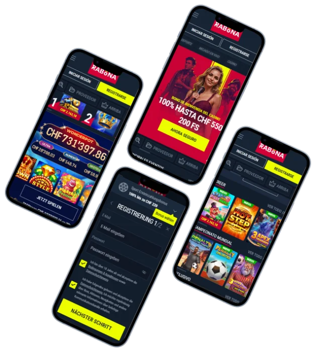Rabona Casino Mobile App Platform Rabona Casino mobile platform with sportsbook, casino games and registration screens on smartphones